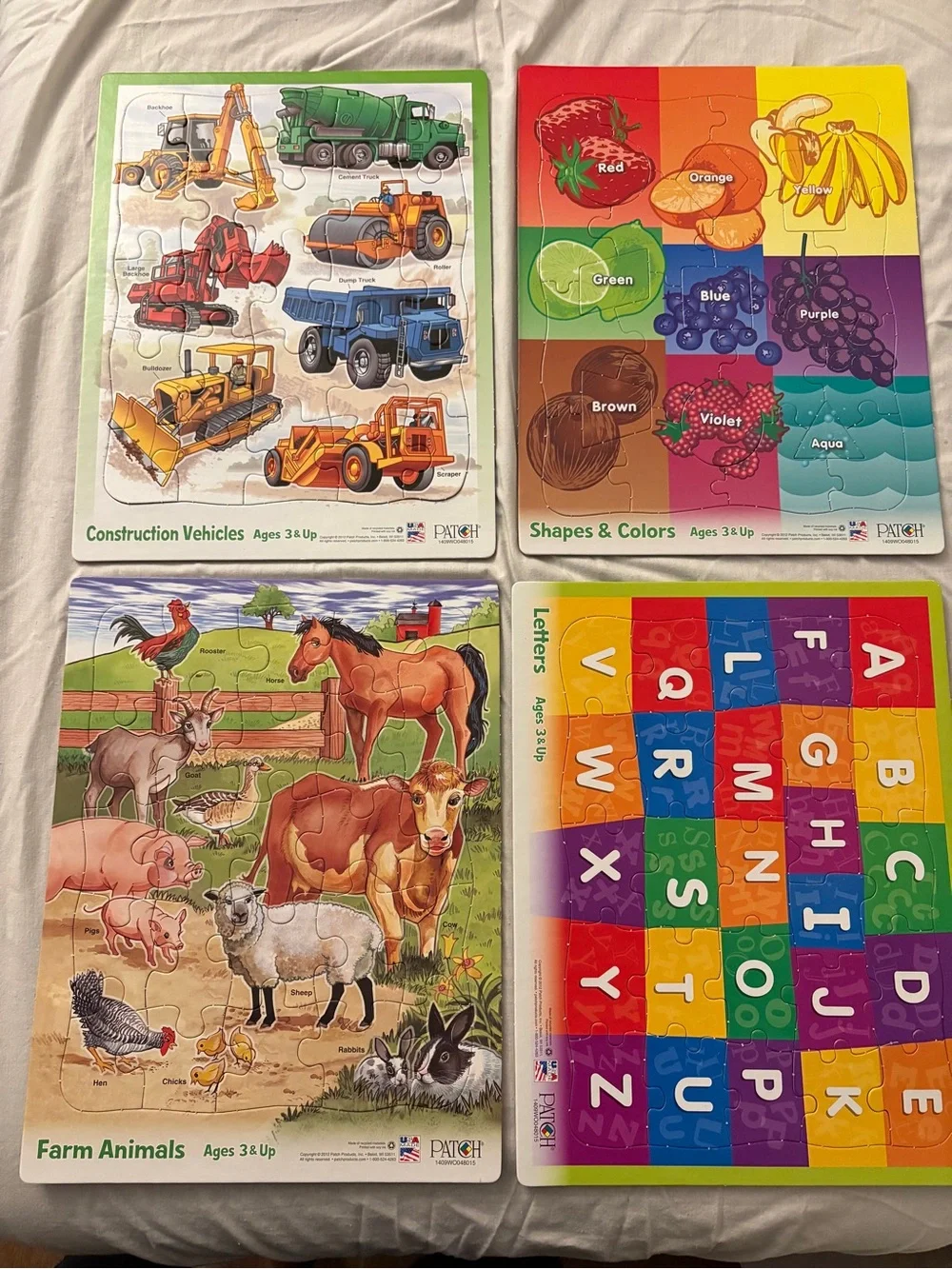 5 puzzles Alphabet, Animal, Vehicle, Foods, and Animal Alphabet
